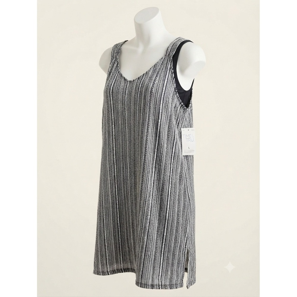 Time and Tru Missy Cover Up Tank Tunic Black White Stripe Recycled Knit L 12-14